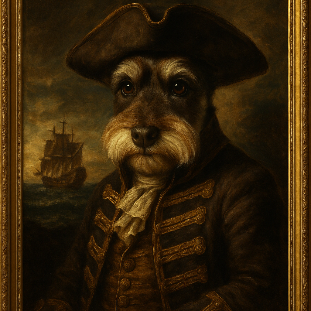 AI-generated pirate portrait of Diogee the mini schnauzer