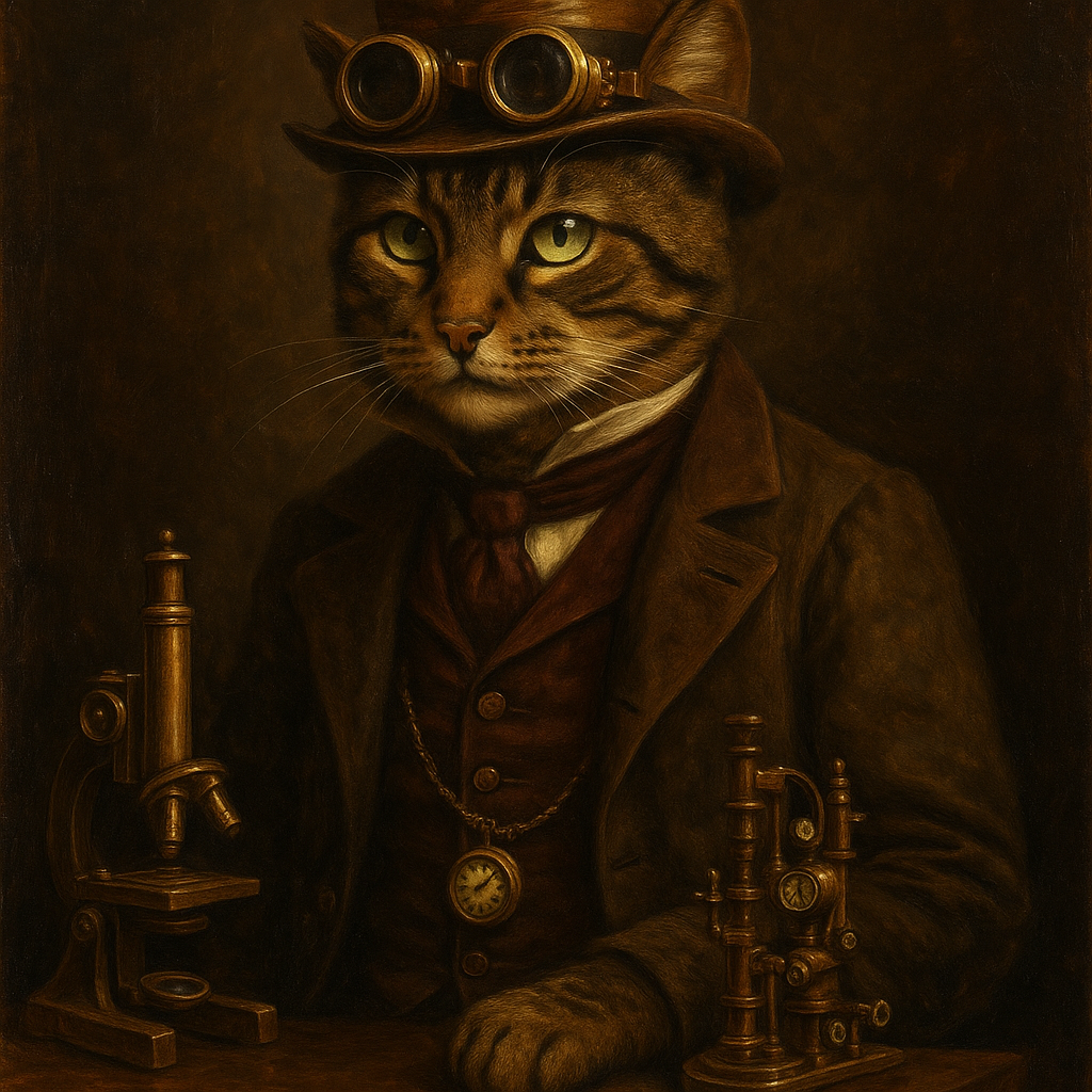 Steampunk inventor AI portrait of a cat
