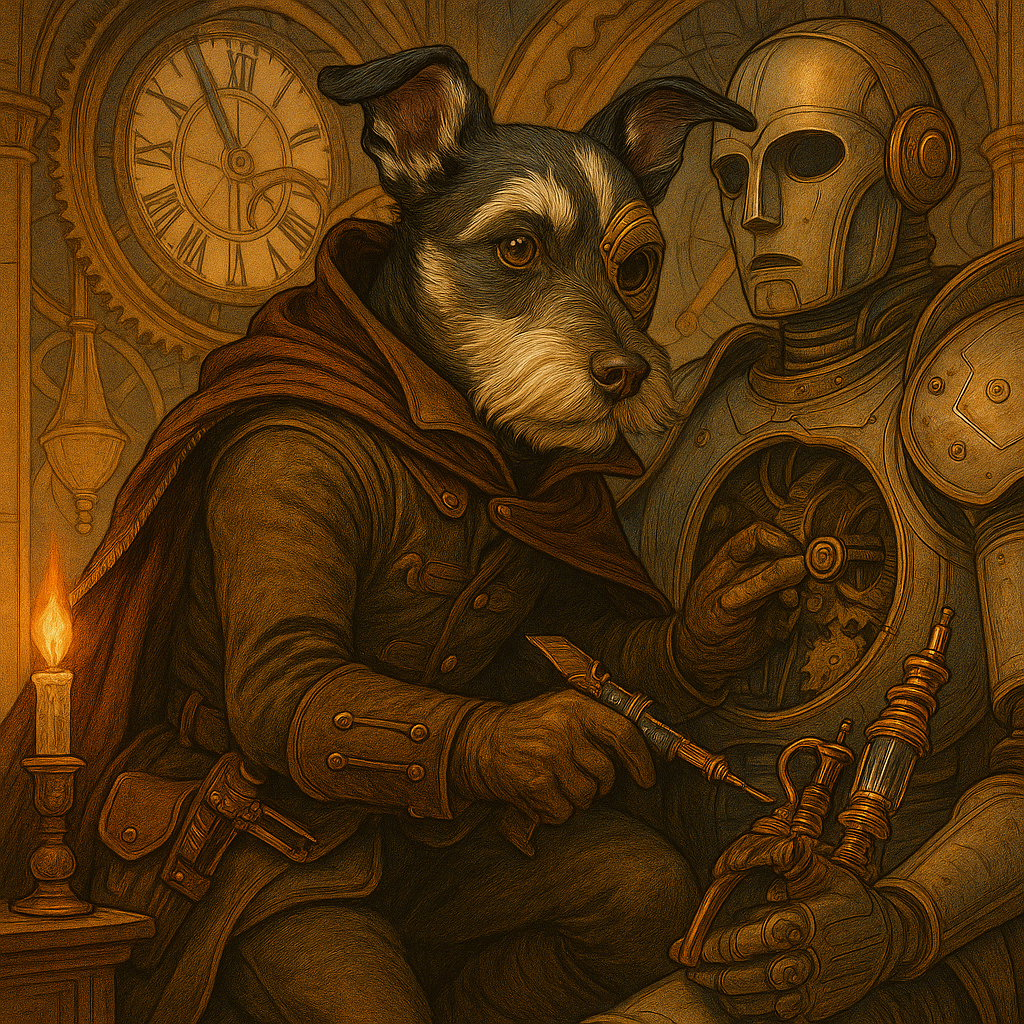 Steampunk inventor AI portrait of a dog